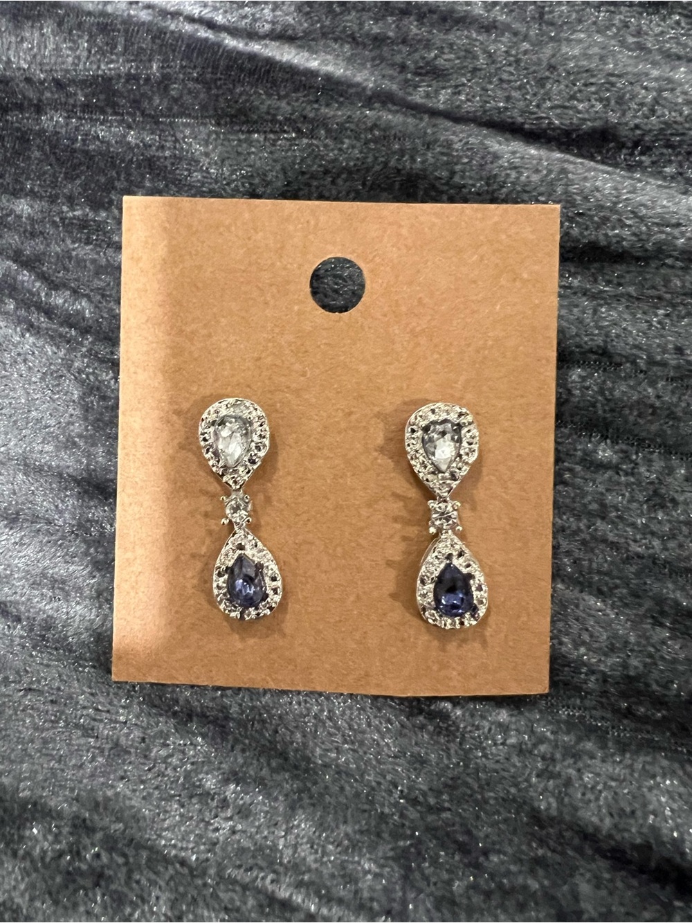 Silver Teardrop Crystal Drop Earrings - Blue & Clear Stones